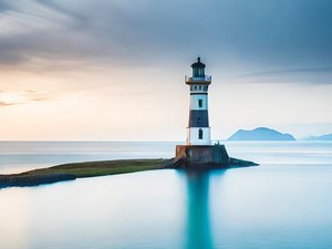 地平线外平静海面上的灯塔