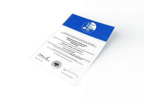 [Translate to Chinesisch:] Certificate DIN ISO 45001:2018 and "Systematic Safety" seal of approval 